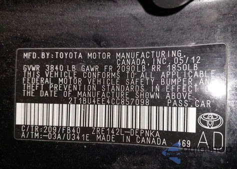2012 Toyota Corolla Le from USA, damaged, VIN 2T1BU4EE4CC857098